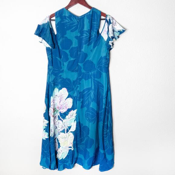 Maeve Anthropologie Teal Floral Midi Dress Size 16 Blue Garden Party - Picture 2 of 10